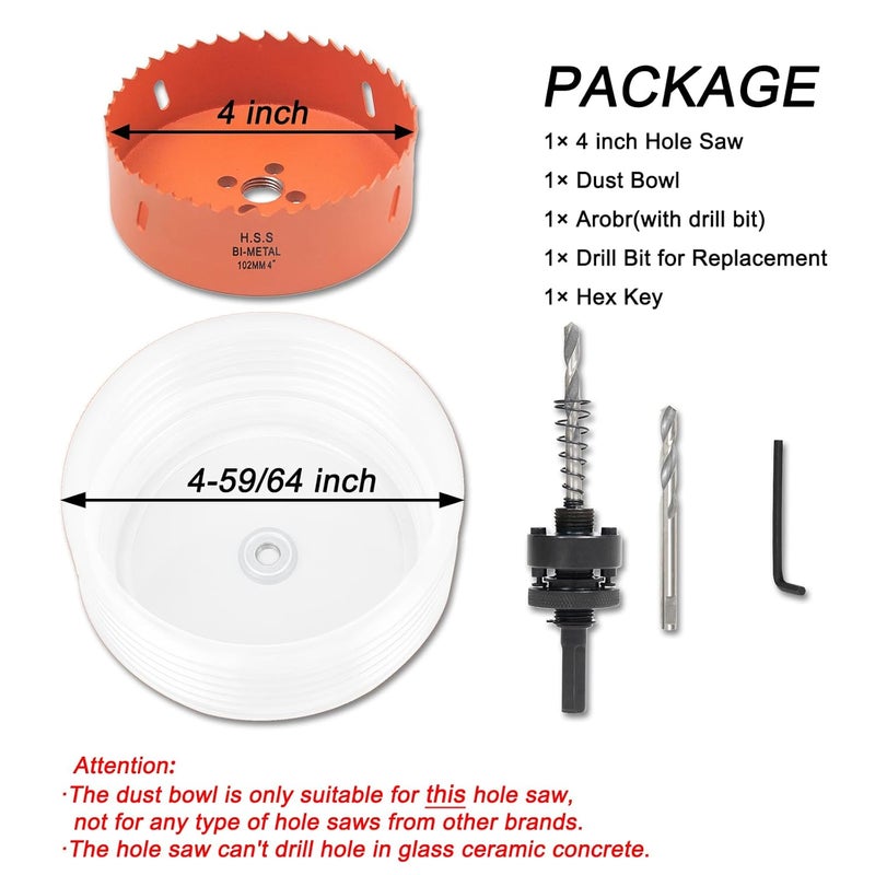 VIKITON 4 Hole Saw for Recessed Lights, 4 Inch Hole Cutter with Dust Bowl Catcher for Led Recessed Lighting 4 Inch and Wood Metal Drywall, Bi-Metal Construction - Image 3